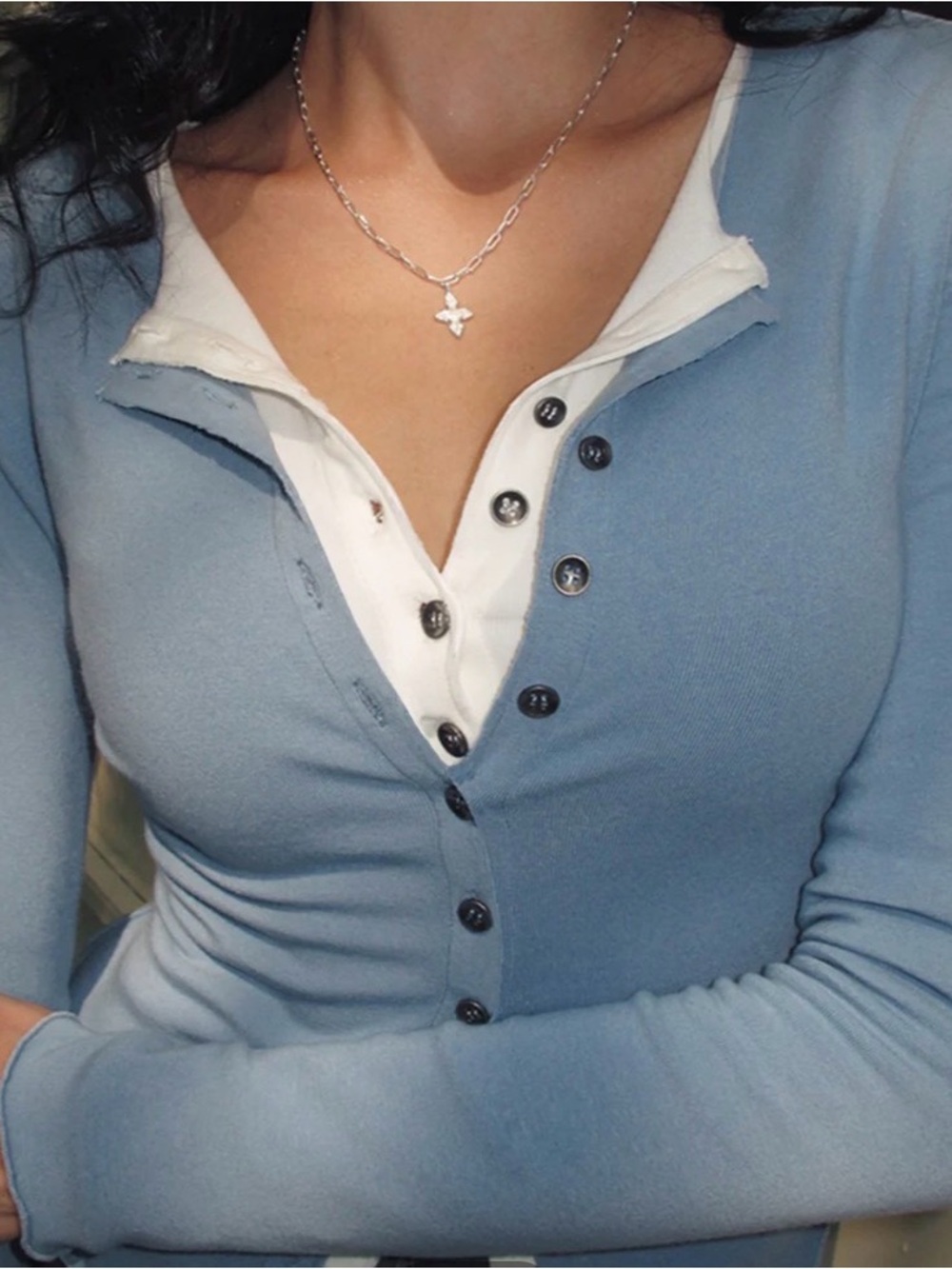 Blue & White Layered Button-Up Long-Sleeve Henley Top - Size Large